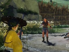 Atsu from Ghost of Yotei with a gun in an enemy camp. (Image source: PlayStation on YouTube, screenshot)