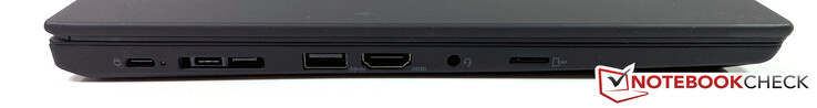 Left: 2x USB-C 3.2 Gen 2, docking port/miniEthernet, USB-A 3.2 Gen 1, HDMI 2.0, 3.5mm audio, microSD