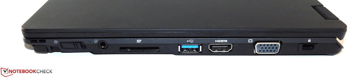 right side: digitizer slot, power silder, 3.5 mm audio jack, SD card reader, USB 3.0 Type-A, HDMI, VGA, Kensington lock