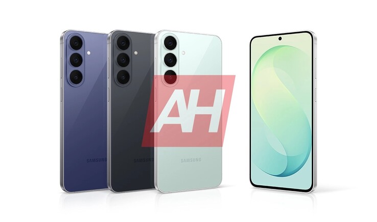 The image shows a leaked image of the upcoming Galaxy S26 FE in a greenish, a blackish, and a bluish color palette