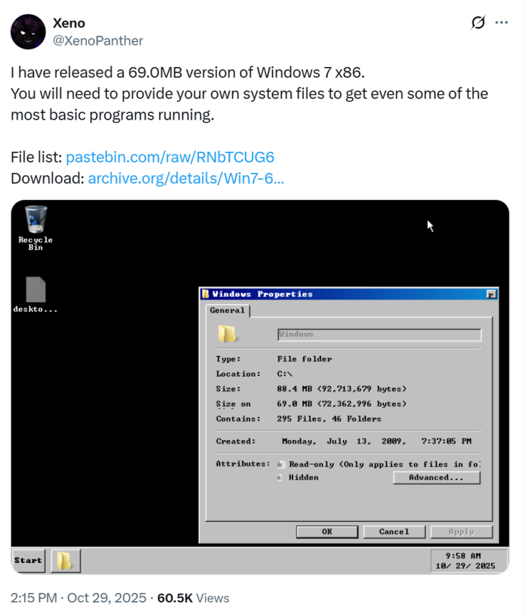 Windows 7 (pictured) booting up to the desktop in @XenoPanther's lightweight build (Image source: @XenoPanther)