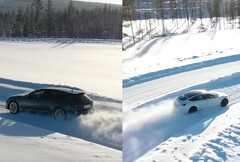 The Audi RS4 Avant Quattro takes the AWD fight to Tesla's dual-motor Model 3 Performance around a winter test track. (Image source: Tyre Reviews on YouTube)