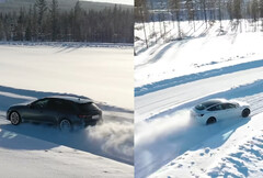 The Audi RS4 Avant Quattro takes the AWD fight to Tesla&#039;s dual-motor Model 3 Performance around a winter test track. (Image source: Tyre Reviews on YouTube)