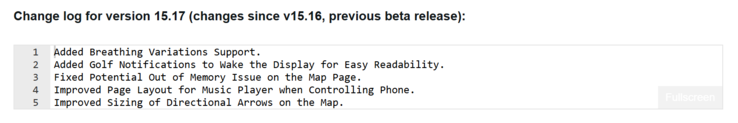 The change log for beta version 15.17 for the Garmin Fenix 8 smartwatch. (Image source: Garmin)