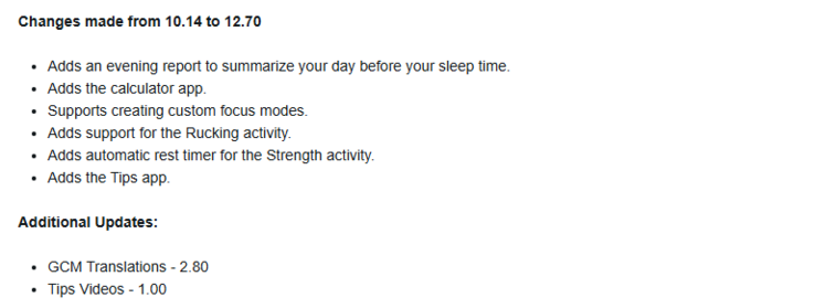 The release notes for software version 12.70 for the Garmin vivoactive 6 smartwatch. (Image source: Garmin)
