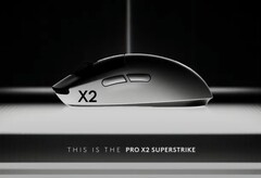 The Logitech G Pro X2 Superstrike gaming mouse in dramatic lighting