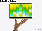 The MacBook Neo now starts at $699. Pictured: a promo picture showing the front of the laptop (edited).
