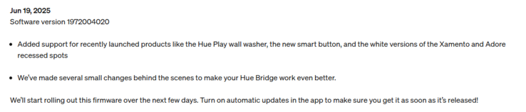 The release notes for Philips Hue Bridge software version 1972004020. (Image source: Philips Hue)