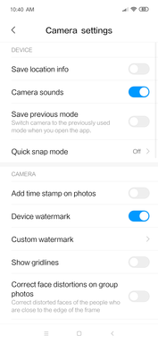 Default camera app settings