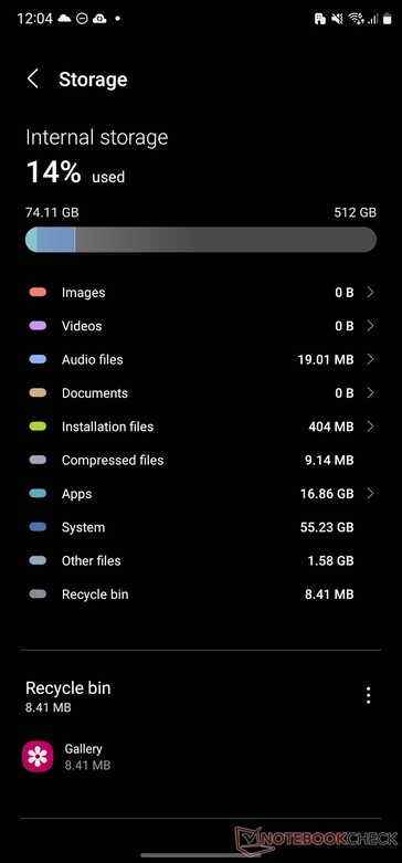 System usage on the Galaxy S23 Ultra with 512 GB of storage. (Image source: NotebookCheck)