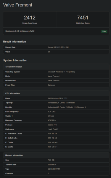 Valve Fremont Geekbench listing (image source: Geekbench)