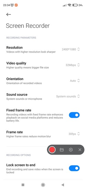 Calling up the options in the MIUI screen recorder app reveals a treasure trove of options. (Source: Author)
