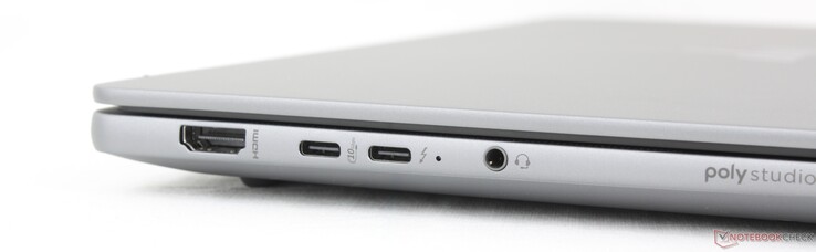 Left: HDMI 2.1, USB-C (10 Gbps) w/ DisplayPort 2.1 + Power Delivery, USB-C (40 Gbps) Thunderbolt 4 w/ DisplayPort 2.1 + Power Delivery, 3.5 mm headset