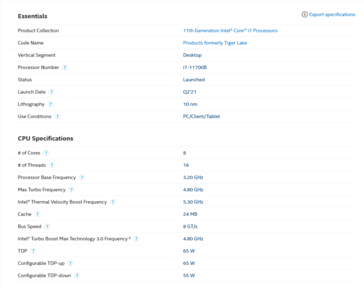 Intel Core i7-11700B spec sheet (image via Intel)