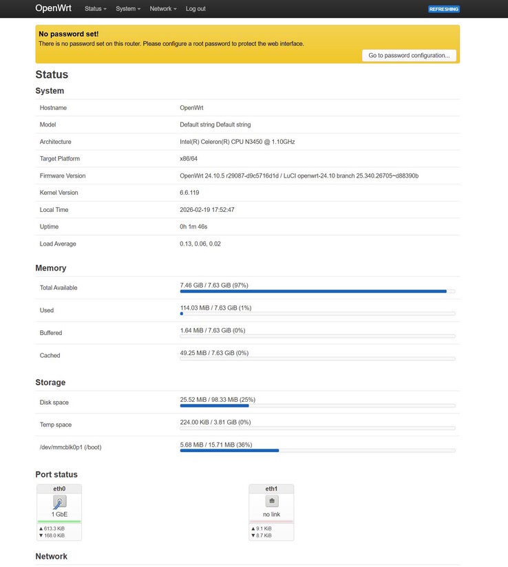 We logged into OpenWRT via browser - don't forget to set a new password