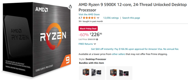 Probably the most heavily discounted, the 5900x offers 12 cores of 4.8 GHz goodness for a ridiculously low price (Image Source: Amazon)