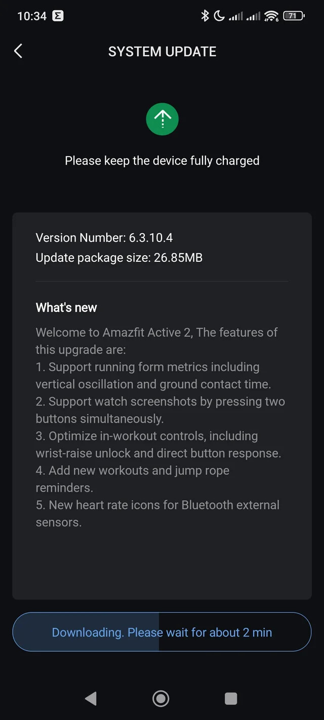 The release notes for software version 6.3.10.4 for the Amazfit Active 2 (Round). (Image source: Reddit)