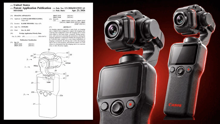 Canon’s April 2026 patent (left) and 3-axis gimbal renders (right). The new blueprints prioritize fixed-lens portability and smart power management.