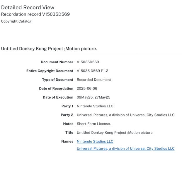 Nintendo and Universal Pictures copyright for Donkey Kong movie (Image source: U.S. copyright office website)