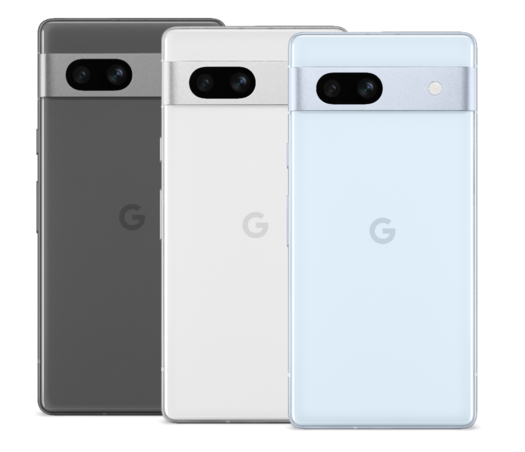 Google Pixel 7a - Charcoal, Snow, and Sea color options. (Image Source: Google)