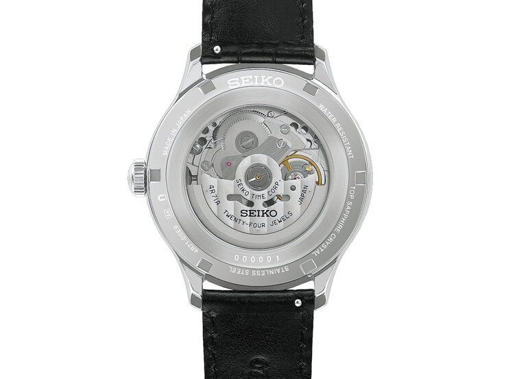 Rear view of the Seiko Presage Japanese Garden watch (ref. HCB007) showing its automatic mechanical movement through the transparent caseback.