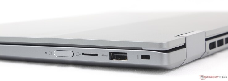 Right: Power button, MicroSD reader, USB-A (5 Gbps), Kensington Nano lock