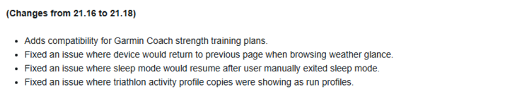 The change log for beta version 21.18 for the Forerunner 255 and Forerunner 955 watches. (Image source: Garmin)
