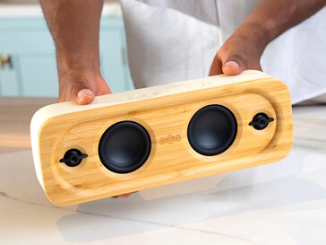 The House of Marley Get Together Go portable speaker in Cream with grill removed to reveal its bamboo face.