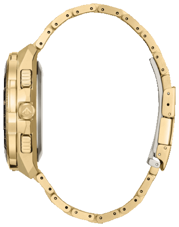 Side profile of the Citizen Promaster Skyhawk A-T JY8144-50E showing its large gold-tone stainless steel case, crown, and integrated bracelet.