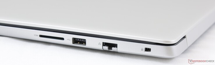 Right: SD reader, USB 2.0, RJ-45 (100 Mbps), Noble Lock
