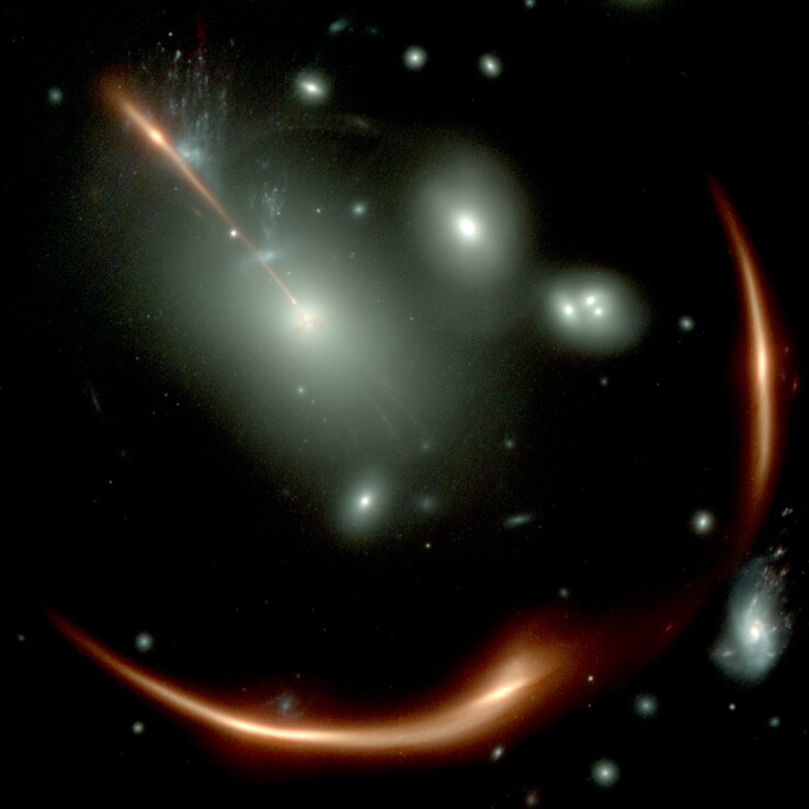 Image taken by the James Webb Space Telescope showing the distorted galaxy MRG-M0138.