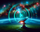 An AI-generated depiction of a radio signal from deep space reaching earth. (Image source: Dall-E 3)