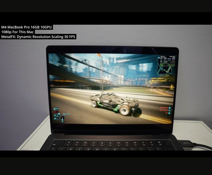 Cyberpunk 2077 running on an M4 MacBook Pro (16GB, 10-core GPU) at 1080p using MetalFX Dynamic Resolution Scaling. The game maintains a stable 30 FPS in this configuration, as tested by Andrew Tsai. (Image source: Andrew Tsai / YouTube)