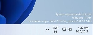 "System requirement not met" watermark in Windows 11 Build 22557. (Image Source: Windows Latest)