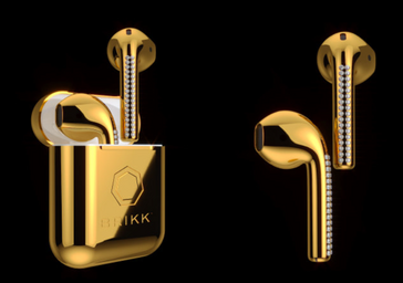 Gold AirPods with a line of diamonds on each bud. (Source: Brikk)
