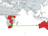 The proposed route for Google's new undersea fiber optic cable crosses southern Africa and the Indian Ocean. (Image via MapChart w/ edits)