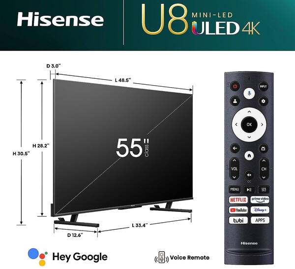 The dimensions of the 55U8K Mini-LED TV (Image: Hisense)