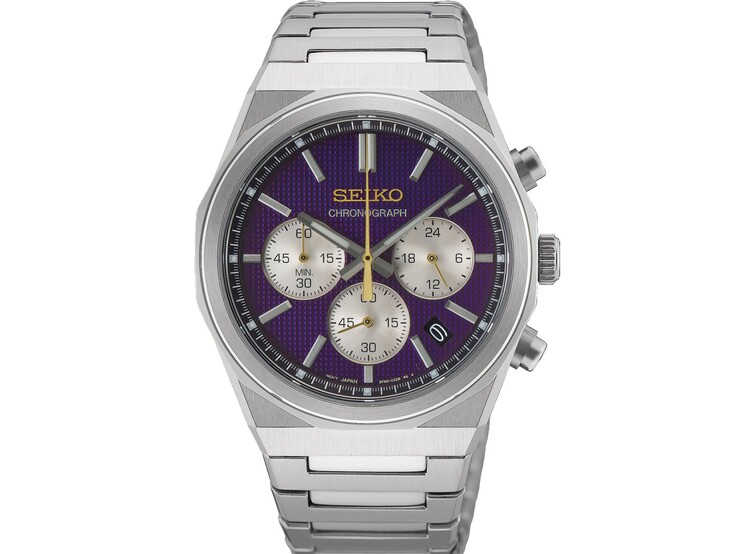 Head-on view of the Seiko 145th Anniversary HGK003 chronograph watch, showcasing its textured purple dial, contrasting silver sub-dials, gold logo and seconds hand, and brushed stainless steel case and bracelet against a plain white background.