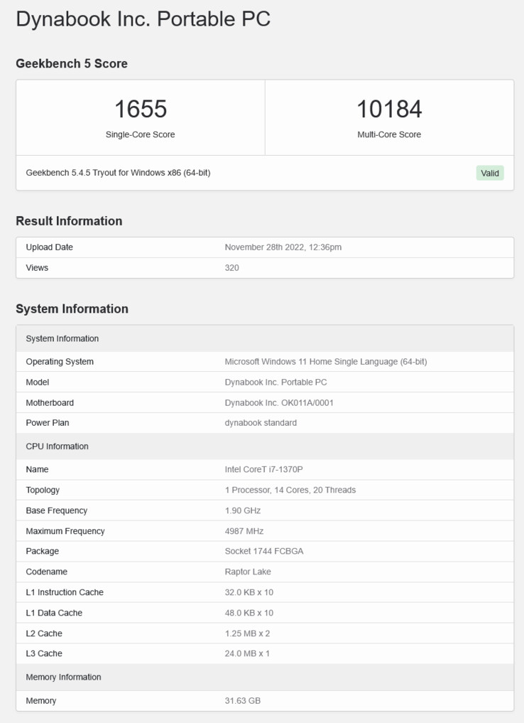 Intel Raptor Lake Core i7-1370P in a Dynabook laptop. (Source: Geekbench)