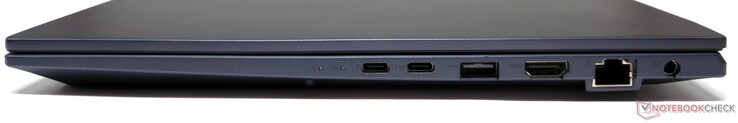 Right: Thunderbolt 4, USB 3.2 Gen2 Type-C (DisplayPort/Power Delivery), USB 3.2 Gen1 Type-A, HDMI 2.1-out, RJ-45, DC-in