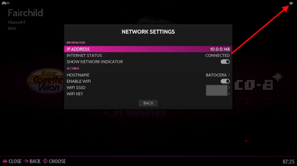 A restart might be needed to connect to the WiFi, and keep a note of the IP address (Source: Batocera)