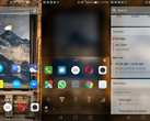 Arrow Launcher running on one of our handsets, showing a homescreen with rotating wallpaper (left), extra options when swipping up on the bottom row shortcuts (middle), and the quick cards screen (right). (Source: Own)