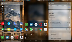 Arrow Launcher running on one of our handsets, showing a homescreen with rotating wallpaper (left), extra options when swipping up on the bottom row shortcuts (middle), and the quick cards screen (right). (Source: Own)