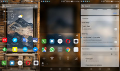 Arrow Launcher running on one of our handsets, showing a homescreen with rotating wallpaper (left), extra options when swipping up on the bottom row shortcuts (middle), and the quick cards screen (right). (Source: Own)