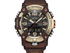 Close up of the G-Shock Mudmaster GG-B100XMH-5A showcasing its light yellow gold and brown case and bezel.