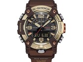 Close up of the G-Shock Mudmaster GG-B100XMH-5A showcasing its light yellow gold and brown case and bezel.