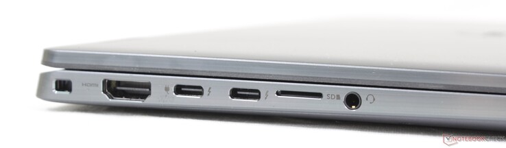 Left: Wedge lock slot, HDMI 2.0, 2x USB-C w/ Thunderbolt 4 + DisplayPort + Power Delivery, MicroSD reader, 3.5 mm audio jack