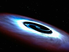 An artist's illustration showing two black holes.