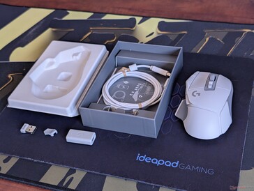 Retail box includes a relatively long (6.5 ft) USB-C charging cable, USB-A wireless receiver, USB-C adapter, and a button cap for the side DPI Shift button
