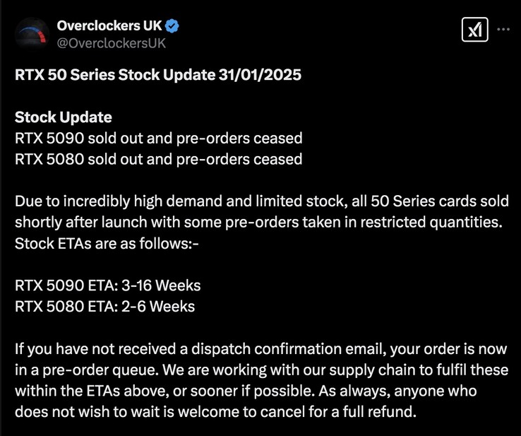 UK gamers will have to wait a while before being able to score a new GeForce RTX 50 GPU. (Image source: Overclockers UK)